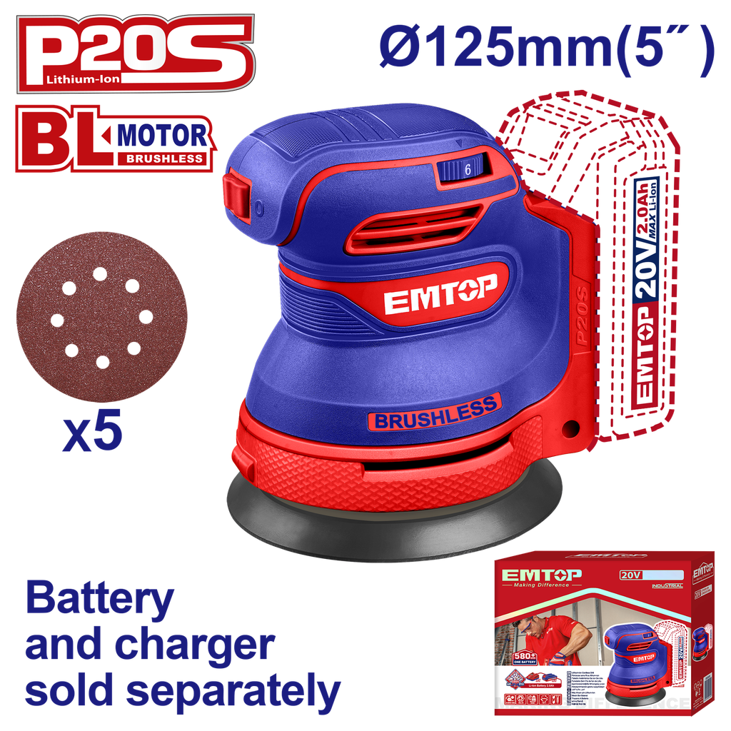[ELROS2002] Lijadora Roto orbital 5", Brushless, inalámbrica de 20 V